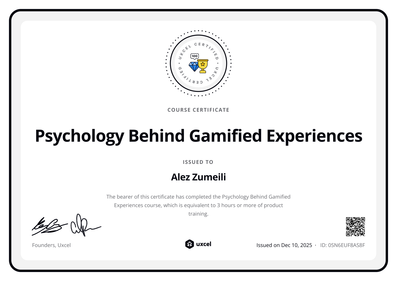 Alez Zumeili's certificate